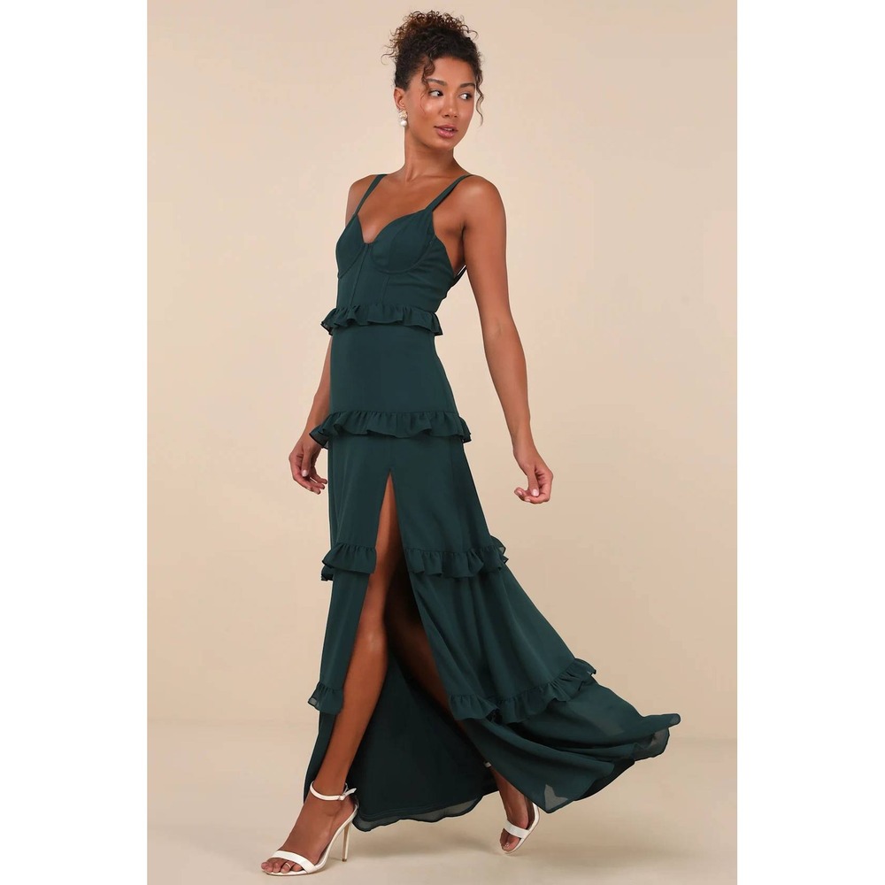 Lulus Sincerely Poised Maxi Dress Women XL Emerald Green Tiered Ruffle Bustier